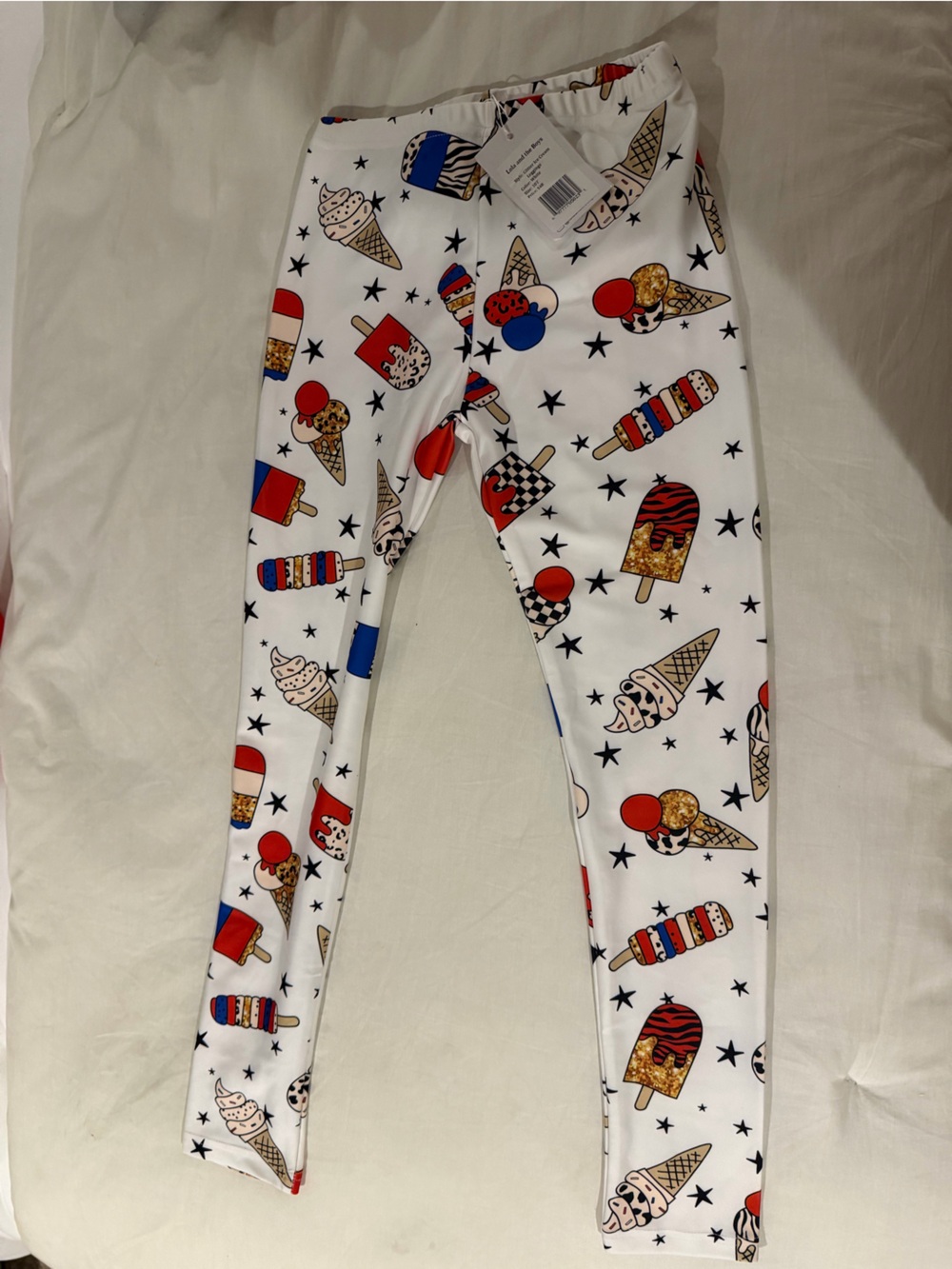 Lola + The Boys White Leggings with Red, Blue & Gold Ice Cream Print